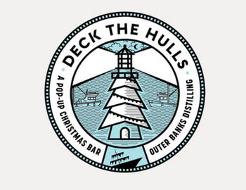 Christmas tree lighthouse logo with the text Deck the Hulls A Pop-Up Christmas Bar Outer Banks Distilling