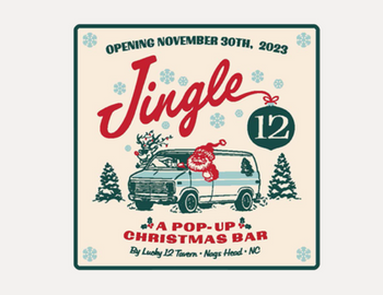A blue van surrounded by snowflakes and trees with Jingle 12: A Pop-Up Christmas Bar by Lucky 12 Tavern