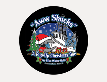 Black background with white fishing boat and oyster with a santa claus hat.