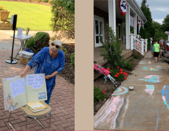 Left: Woman reading book to group; Right: Kids walking past chalk art.