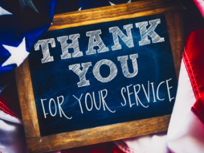 The text "Thank you for your service" against blue background 