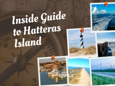 Photo collage of images on Hatteras Island. Bronze compass in the background.