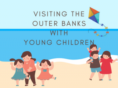 Young children on beach; cartoon graphic