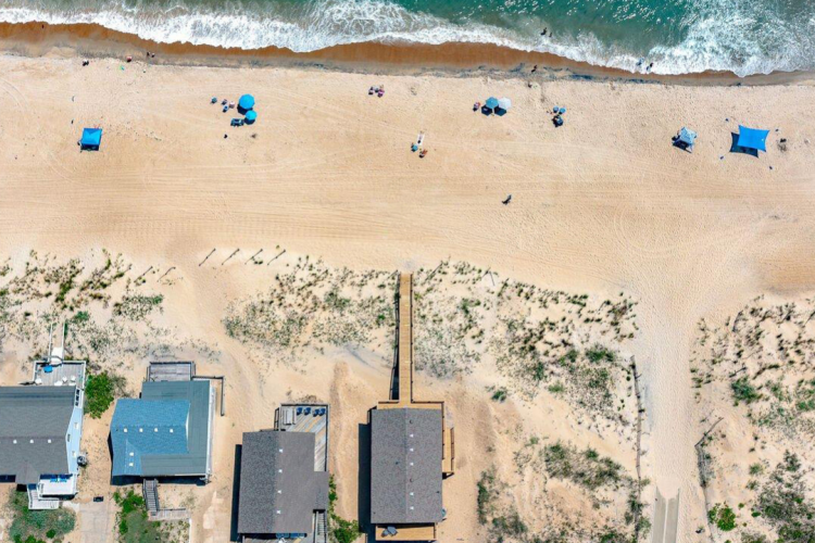 Overhead view of the beach and beach road in Kitty Hawk.