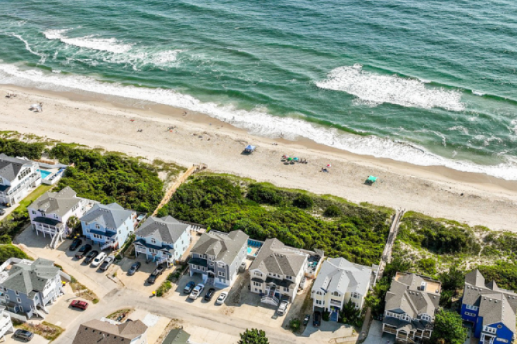 Overhead view of vacation homes and beach on the Outer Banks