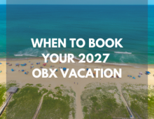 Beach background and text "When to Book Your 2027 OBX Vacation"