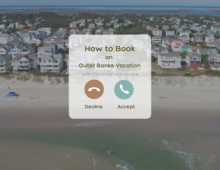 Background shoreline of Hatteras Island overlaid by text meant to simulate a phone