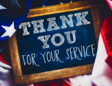 The text "Thank you for your service" against blue background 