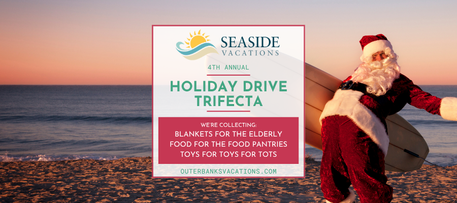 4th Annual Holiday Drive Trifecta Santa on the beach with a surf board.