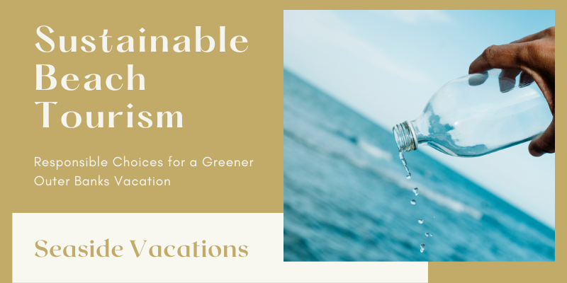 Sustainable Beach Tourism Banner image with water bottle pouring water into the ocean.