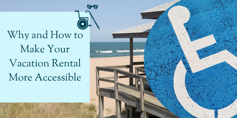 Background image of oceanfront vacation rental with handicap sign to the right inside a half circle.