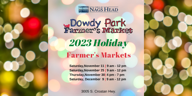 2023 Dowdy Park Farmer's Market Holiday with twinkling lights in the background.