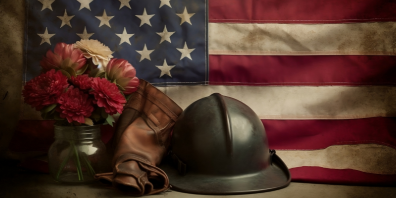 American flag with WWII Helmet, flowers, and gloves in front.