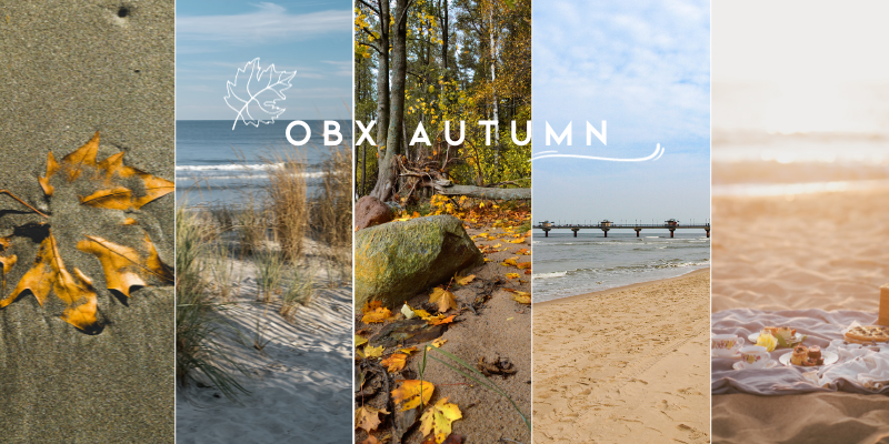 Five rectangle photos of the Outer Banks beaches in the fall with White Text that says Outer Banks Autumn