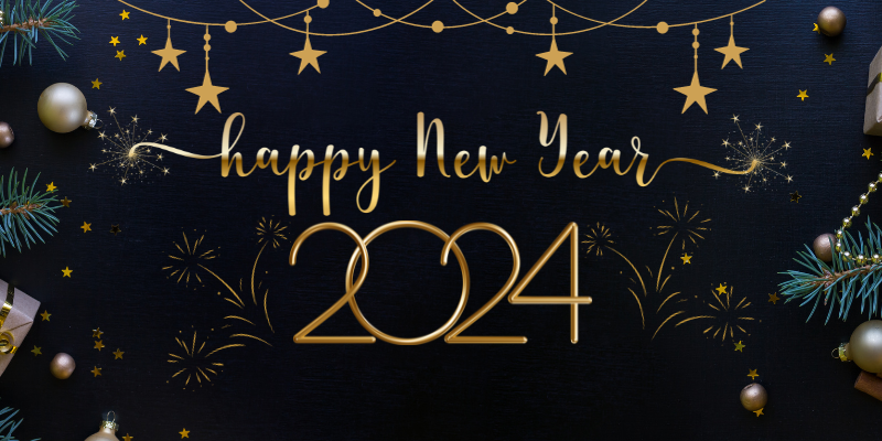 Black background with Happy New Year 2024 in bubble letters.