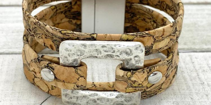 Brown cork bracelet with silver buckle.
