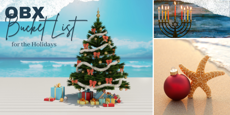 Three images: Christmas tree against the ocean, menorah against blue background, and starfish holding a Christmas ornament on the sand.