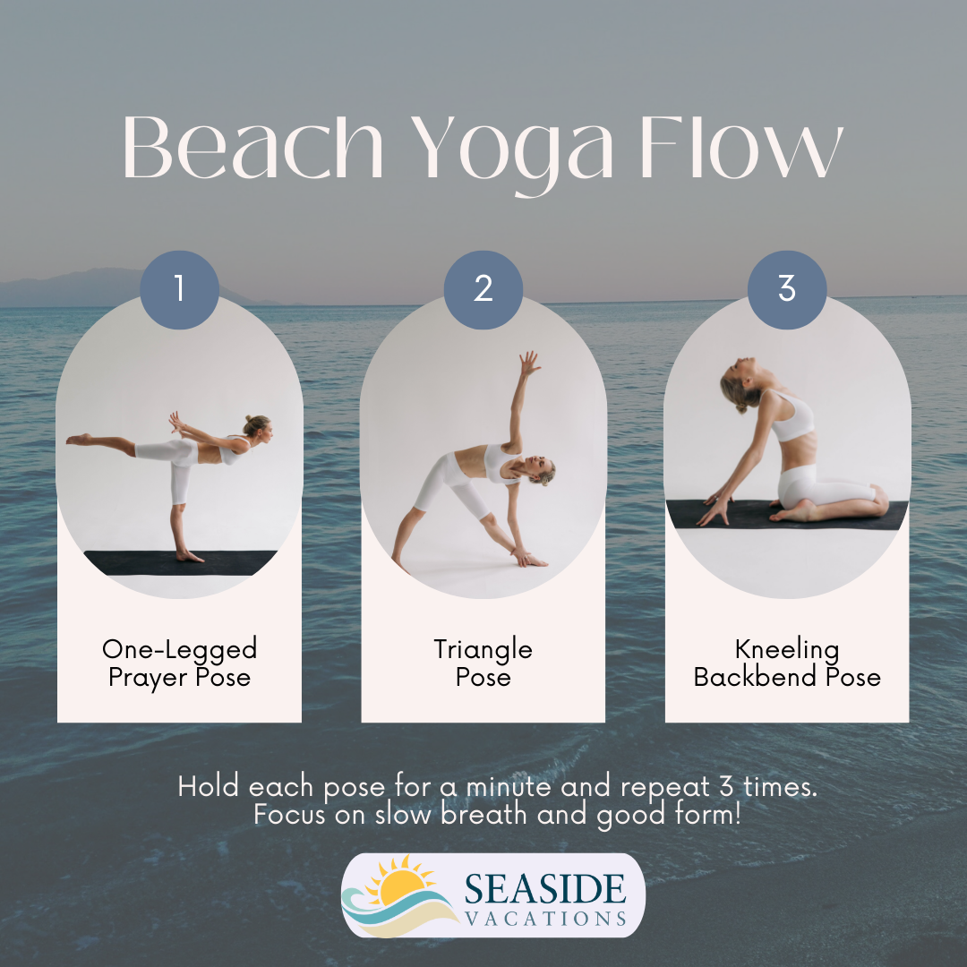 Beach yoga flow infographic. One-legged prayer pose, triangle pose, kneeling backbend pose.