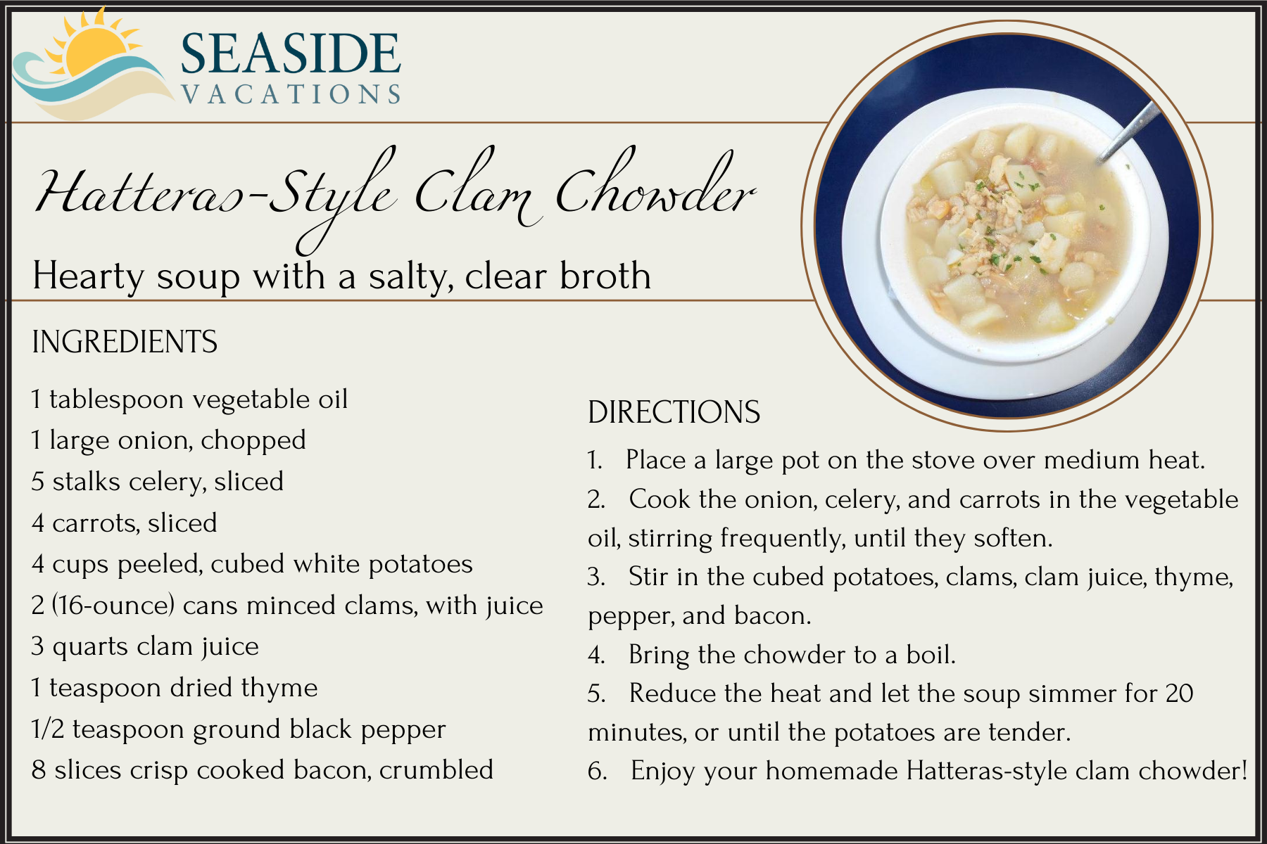 Seaside Vacations Hatteras-Style Clam Chowder Recipe Card