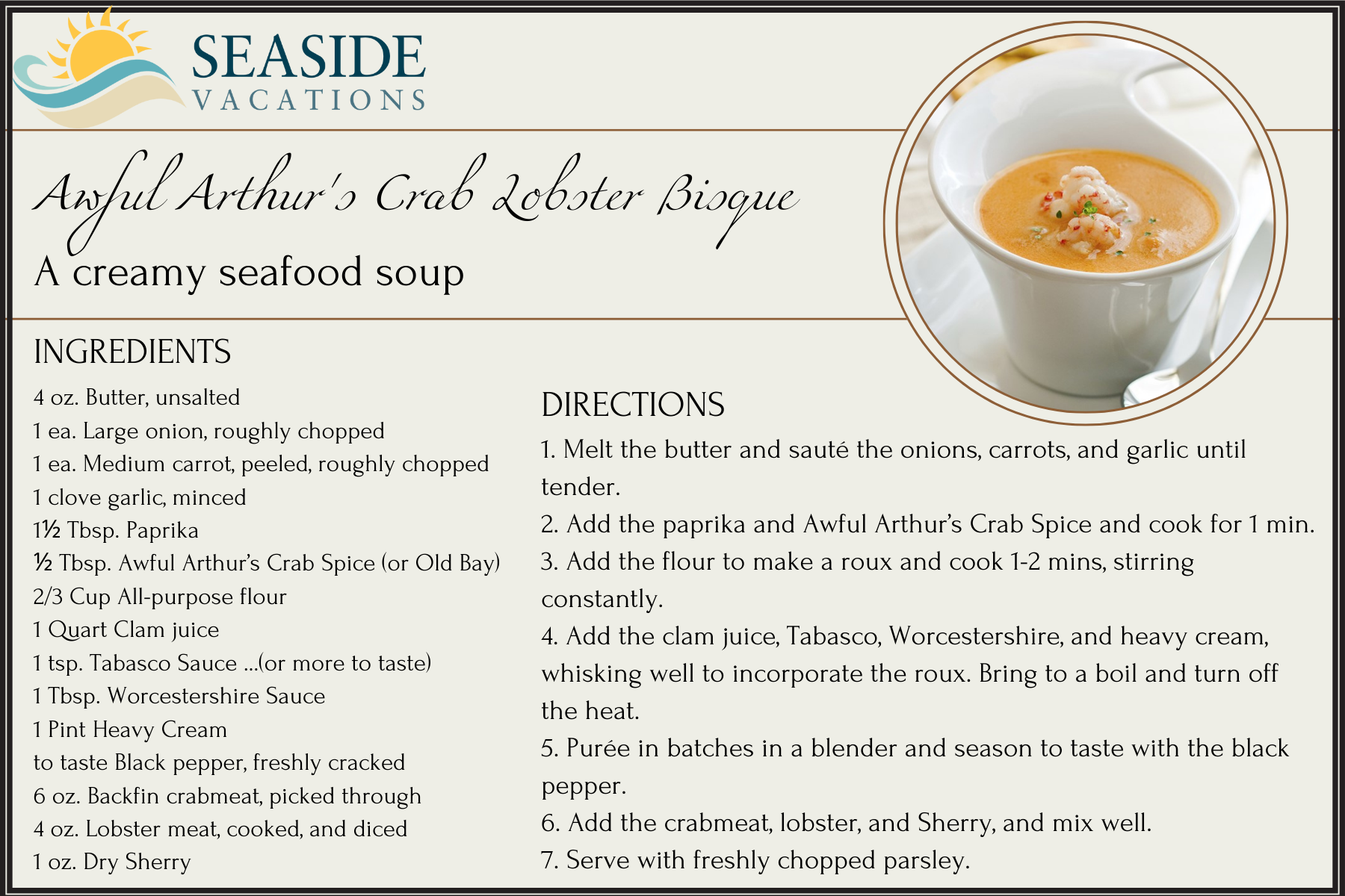 Awful Arthur's Crab Lobster Bisque Recipe Card