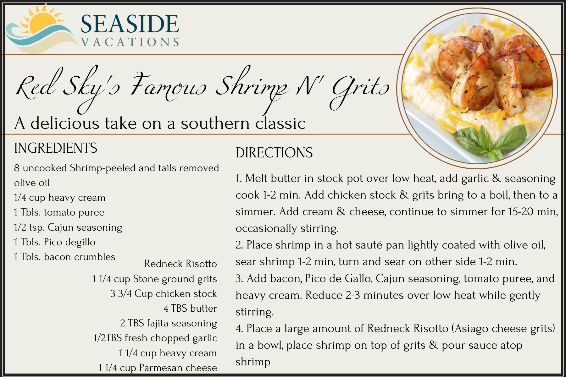 Red Sky's Famous Shrimp N' Grits Recipe Card