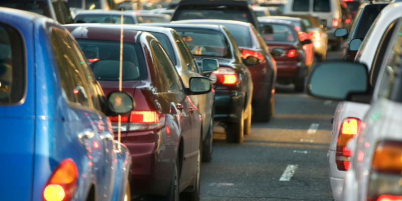Image shows a line of cars presumably stuck in ftraffic.