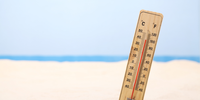 Thermometer sticking out of the sand on a sunny beach.