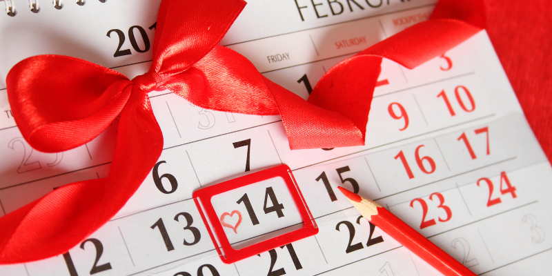 Calendar with February 14 marked in red.