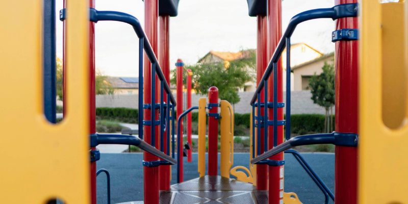Close-up of kid's jungle gym at an outdoor park.