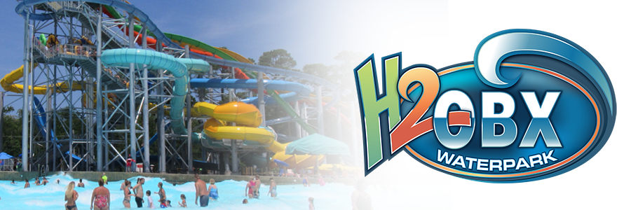 H2OBX Waterpark Hero Image Logo; Waterslide in the background.