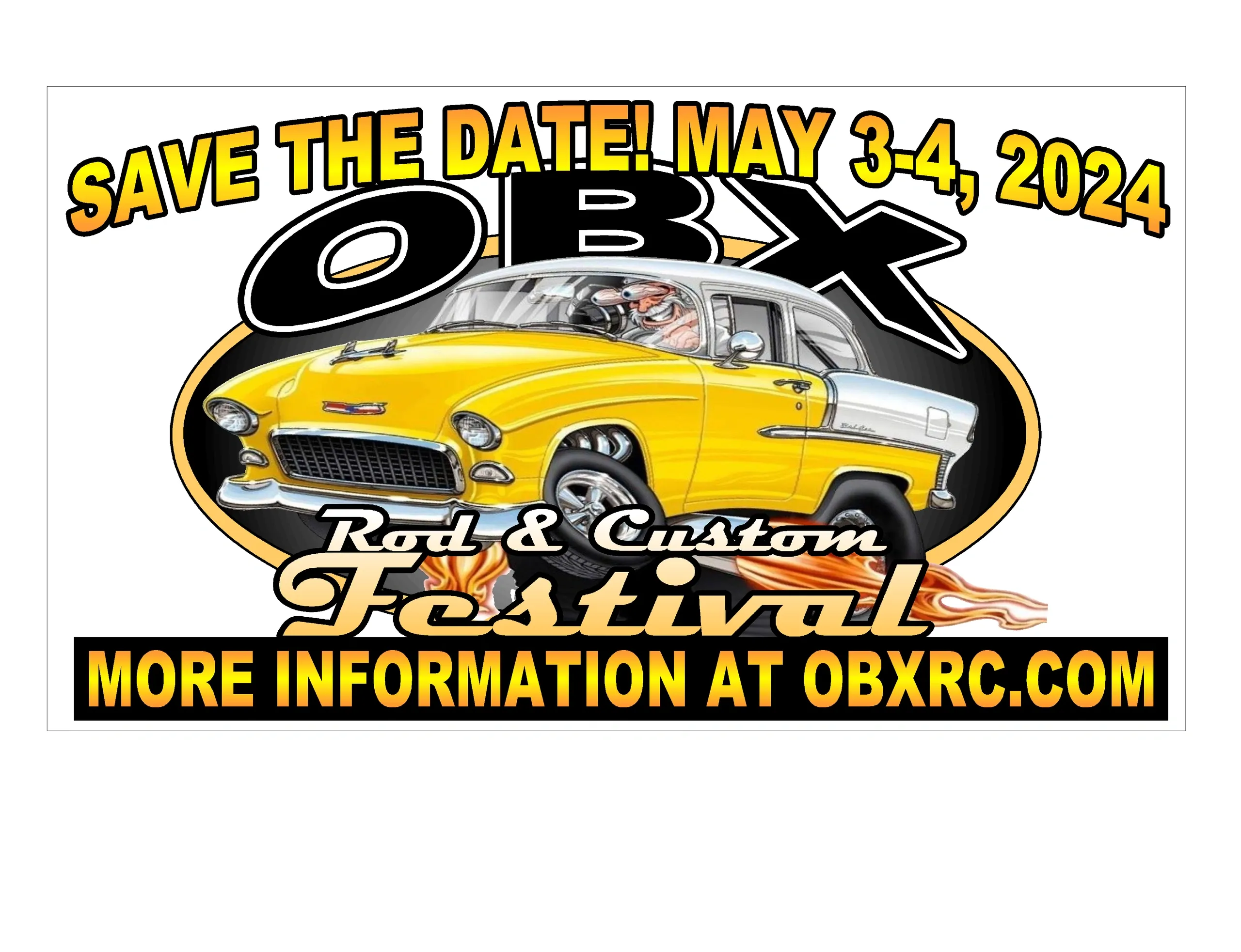 Bright yellow car logo for OBX Rod & Custom Festival, May 3-4, 2024.