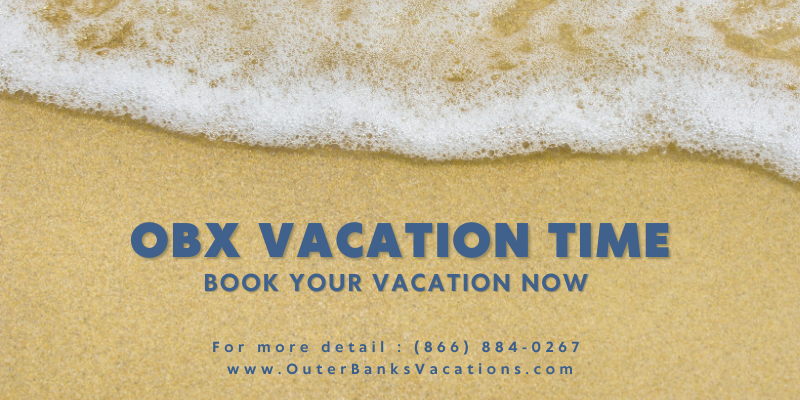 Yellow beach with ocean waves and the text "OBX Vacation Time."