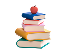 Graphic; stack of books with a red apple on top.